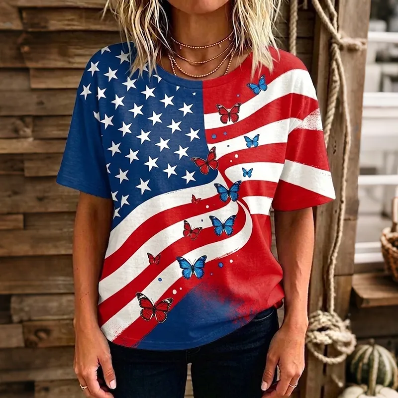  Women's Vintage Floral Flag Patchwork Art Print Tshirt Westsshops