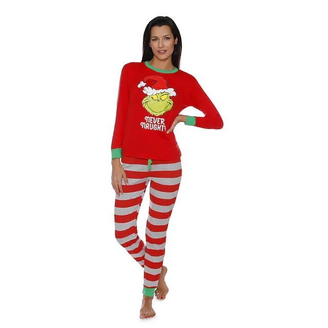 Christmas Matching Pajamas Grinch Print Daily Red Long Sleeve Set