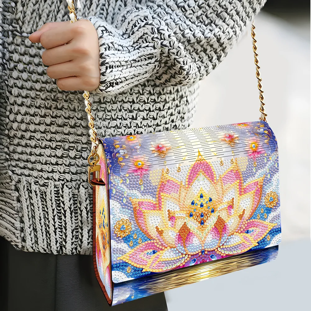DIY Lotus Diamond Art Wooden Coin Pouch with Chain 5D Diamond Painting Purse