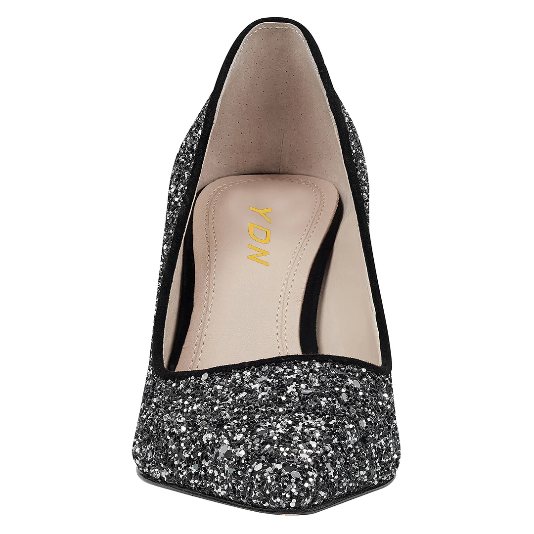 Black Glittery Touch Pointed Toe Block Heel Sparkling Pumps