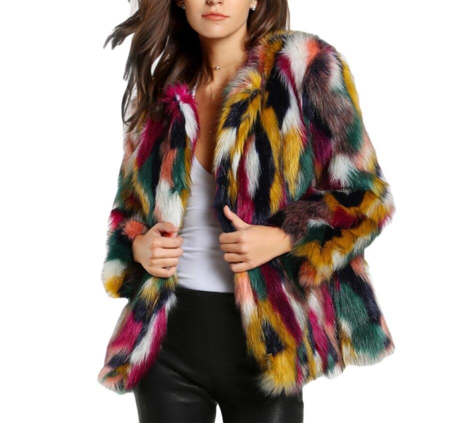 Fashion Contrast Multi color Faux Fur Coat Long Hairy Shaggy Outwear Women Autumn Winter Short Jacket Coat Tops
