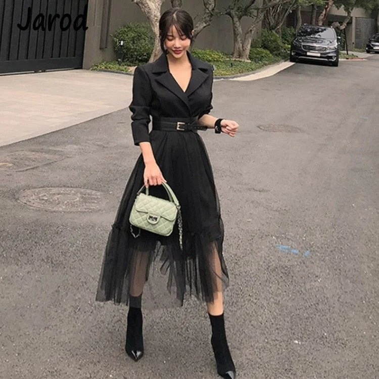 Elegant Blazer Dresses 2022 Spring Casual Mesh Patchwork Notched Collar Long Sleeve With Belt Midi Dresses Big Swing Vestidos