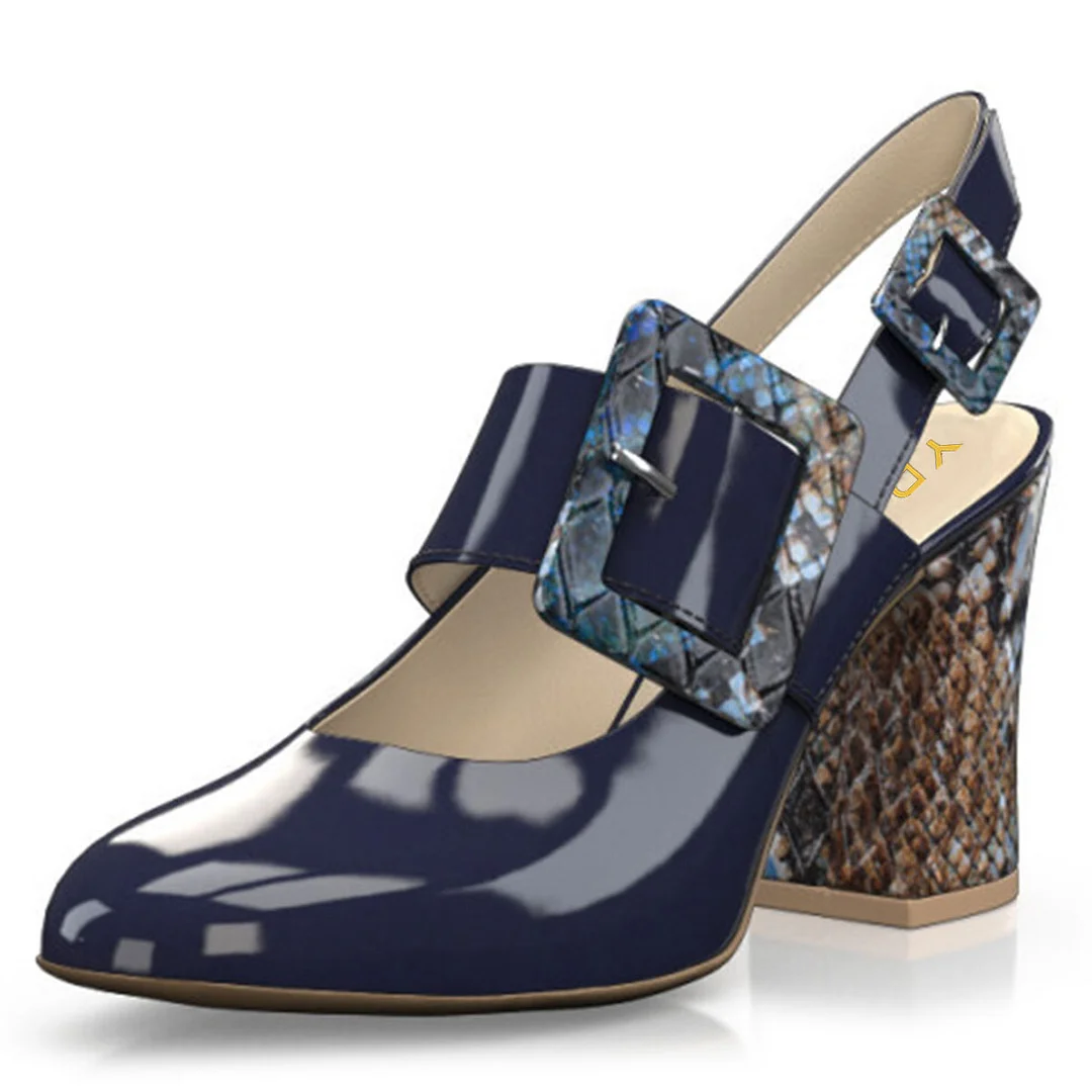 Navy Patent Leather Round Toe Buckle Snakeskin Pumps for Women