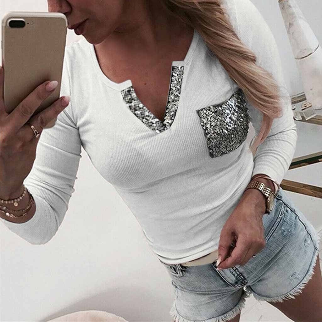 Fashion Sequins Knitted Bottom Blouse Casual Autumn Winter Lady Sexy V-Neck Tops Female Women Long Sleeve Shirt Blusas Pullover