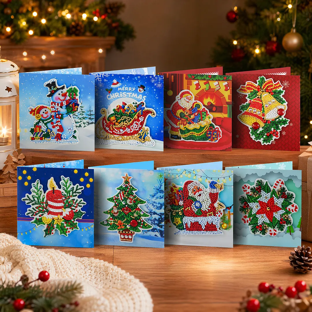 8PCS Christmas Atmosphere DIY Diamond Painting Greeting Card Kits with Envelopes Diamond Art Greeting Cards Diamond Art Cards Kits for Adults DIY Crafts Family Friend Gifts