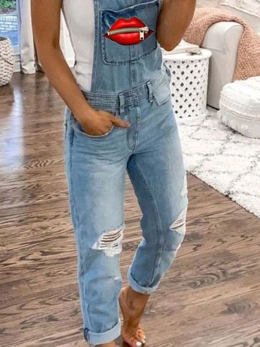 Sleeveless Denim Printed Square Neck One-Pieces