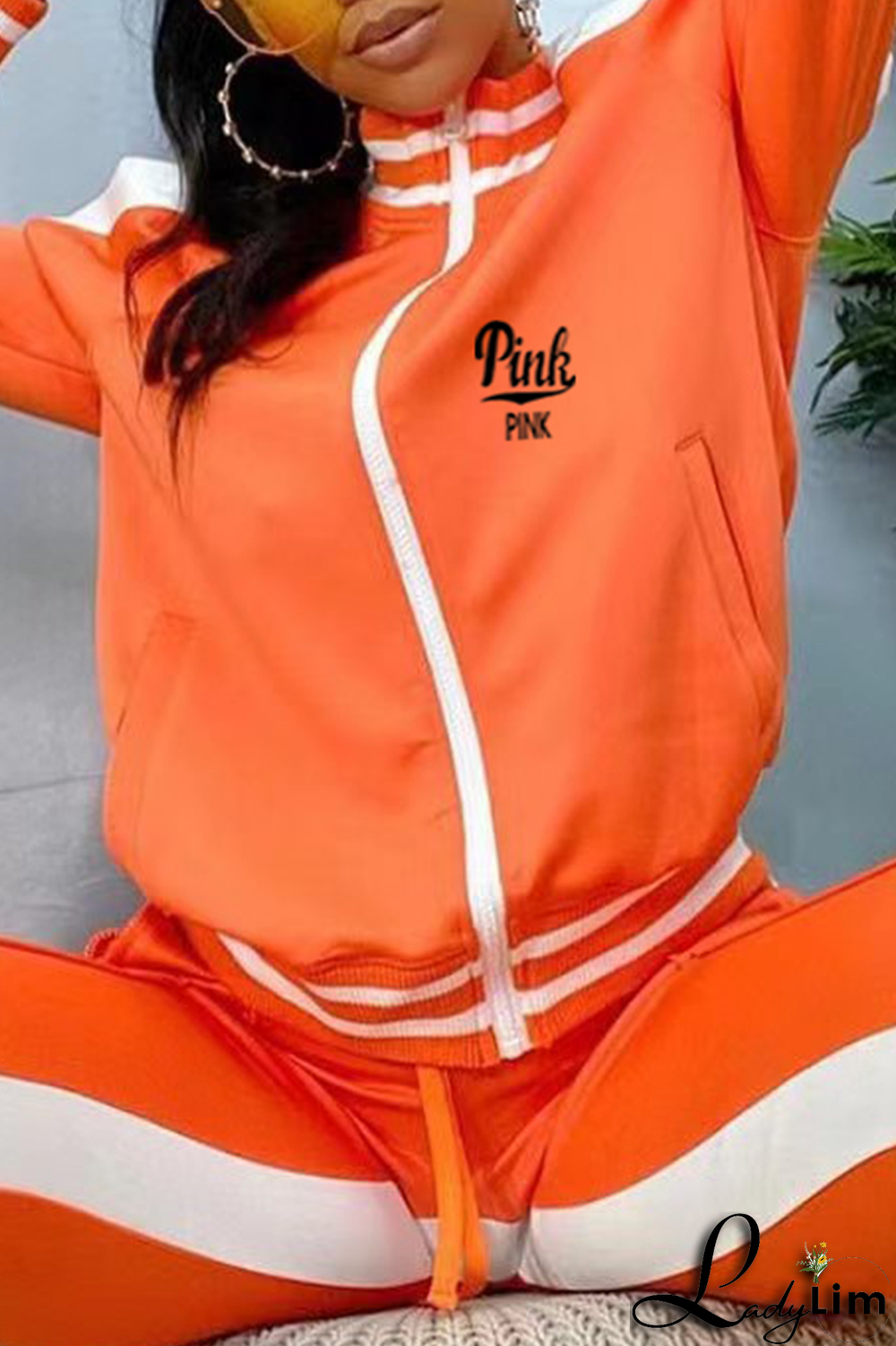 Black Yellow Casual Print Slit Zipper Collar Long Sleeve Two Pieces