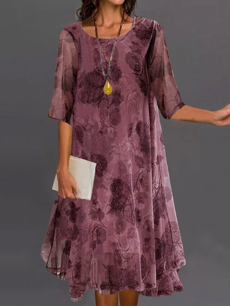 Retro Round Neck Mesh Loose Print Dress