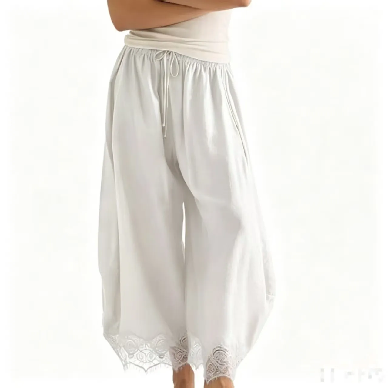 Women's Lace Trim Elastic Waist Linen Wide Leg Pants