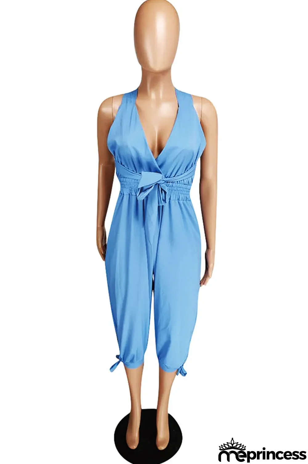 Light Blue Fashion Sexy Solid Patchwork Polyester Sleeveless V Neck