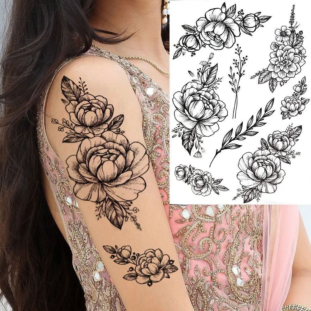 3D Flower Triangle Temporary Tattoos For Women Girl Fake Wolf Deer Geometry Tattoo Sticker Peony Dahlia Body Art Adults Tatoos