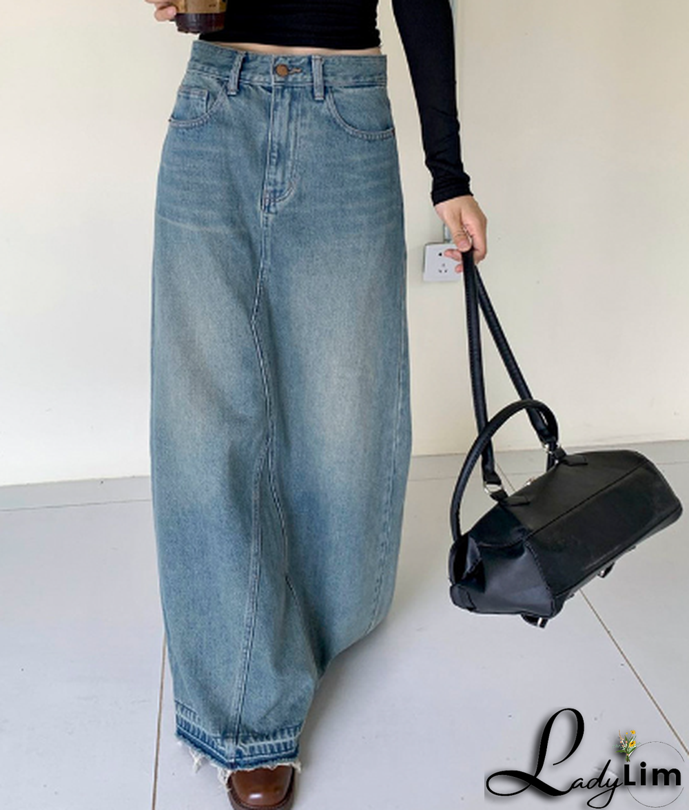 Casual Light Washed High Waist Spliced Denim Maxi Skirt