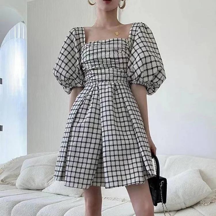 Black Plaid Puff Sleeve Square Neck Pleated Mini Dress QueenFunky
