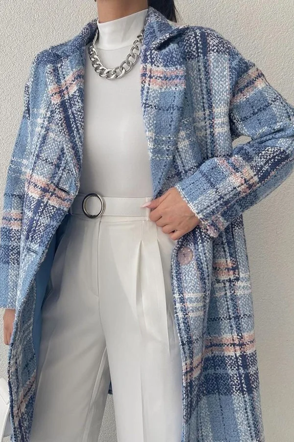Blue And White Thick And Thin Striped Plaid Coat