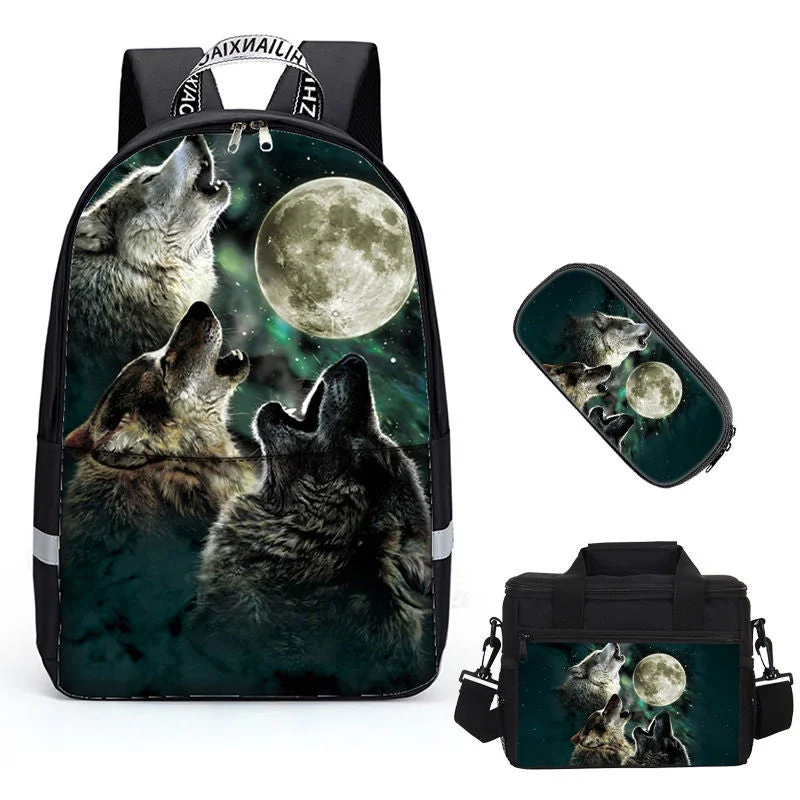 Buzzdaisy 3 In 1 School Backpacks Teens Girls Boys Preschool Shoulder Bagpack+Cooler Warm Lunch Pouch+Zipper Closure Pencil Case Cool 3D Wolf Bookbags Sets