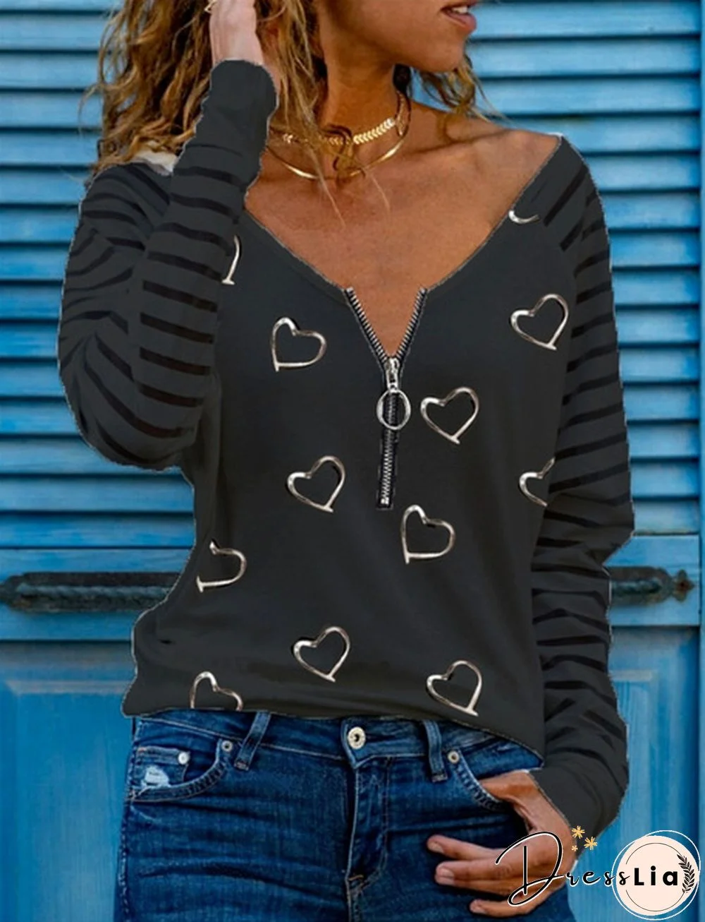 Spring and Autumn Fashion Women's Printed Zipper V-neck Long Sleeve Casual Blouse Loose Plus Size Tops Shirt