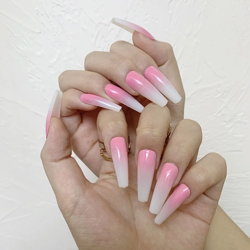 24pcs/box Artificial Nails With Glue Mid-length Fake Nails Gradient Wear Nail Stickers Finished Fake Nails Press On Nails Coffin-Nail Inspo