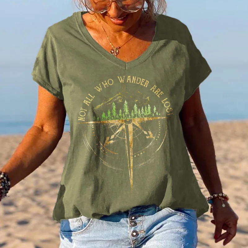 Not All Who Wander Are Lost Printed V-neck Oversize T-shirt