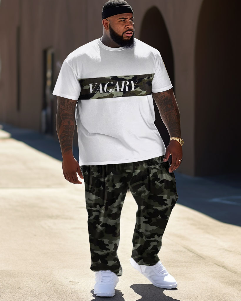 Men's large size letter VACARY short-sleeved camouflage trousers two-piece set