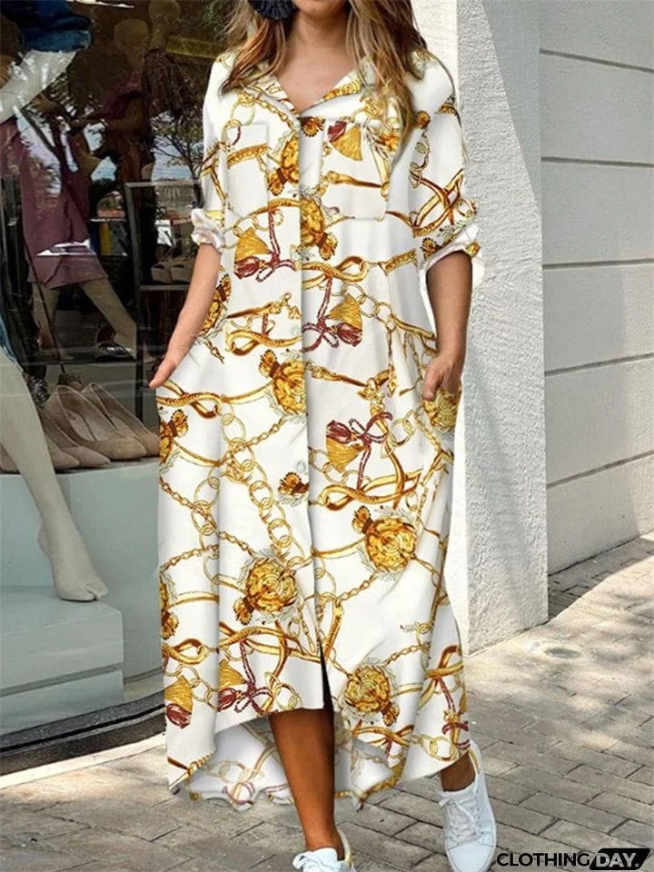 Ladies Fashion Sexy Print V- Neck Long Vintage Dresses