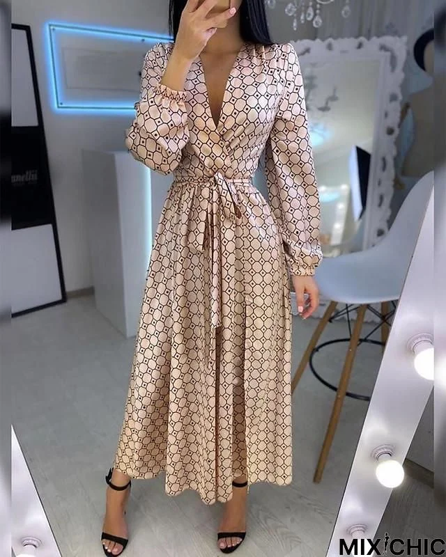 Women's Swing Dress Maxi Long Dress Long Sleeve Geometric Patchwork Print Spring Summer Hot Casual Lantern Sleeve Gold