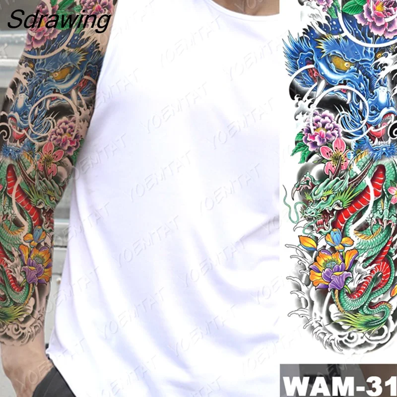 Sdrawing Arm Sleeve Tattoo Tiger Lion Wolf Owl Waterproof Temporary Tatto Sticker Crown Warrior Body Art Full Fake Tatoo Men Women