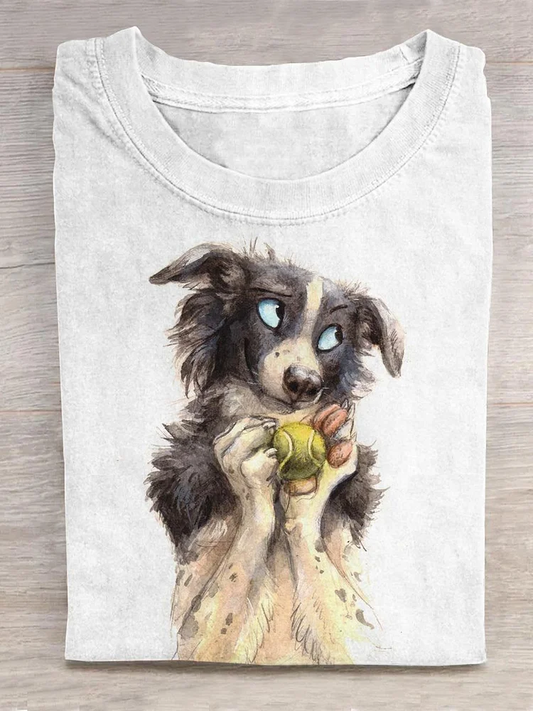 Cute Dog Plays Tennis Art Print Casual T-shirt