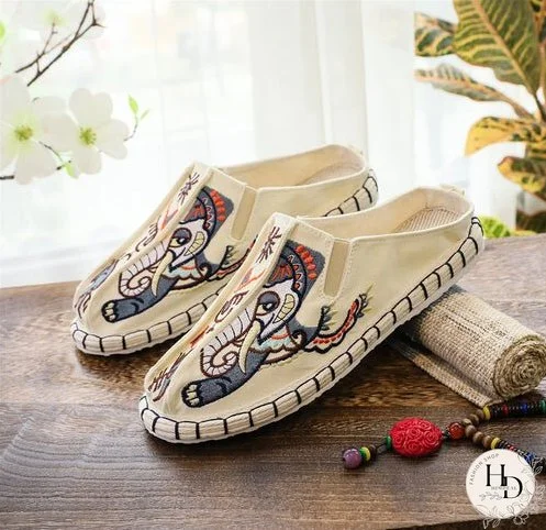 Chic National Style Breathable Soft Sole Spring Summer Flat Heel Half Bag Slippers