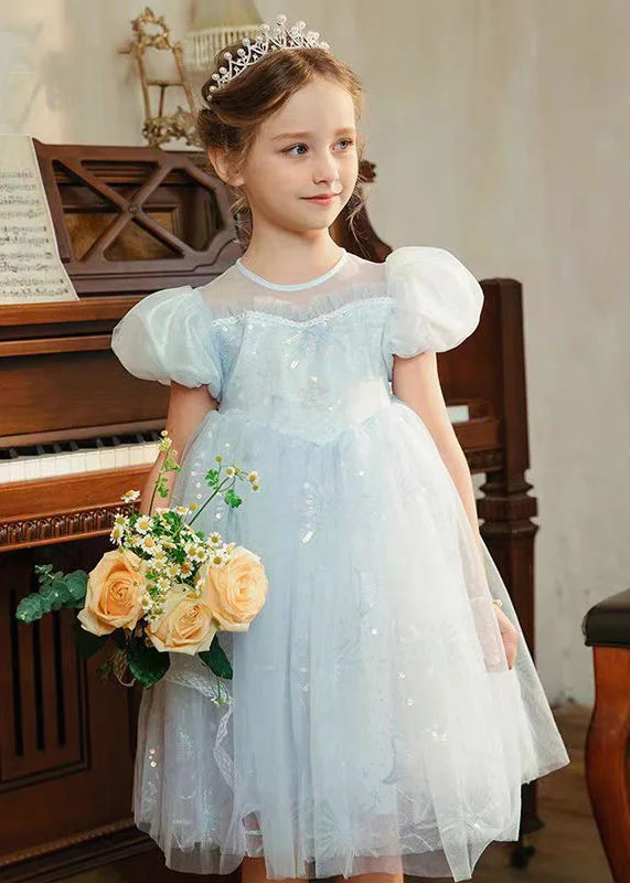 Lovely Light Blue Ruffled Sequins Tulle Girls Party Dress Summer