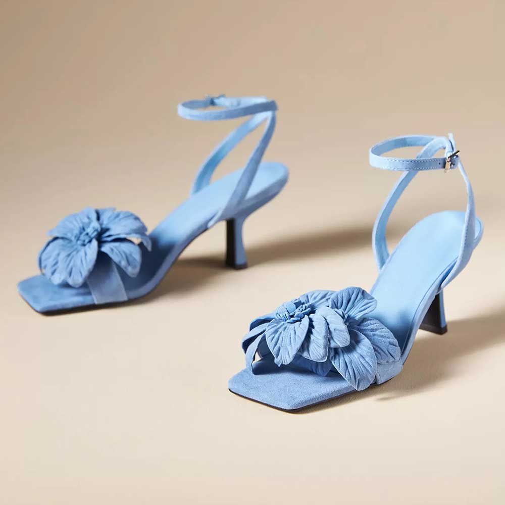 Blue Three-Dimensional Flower Square Toe Ankle Strap Heeled Sandals Nicepairs
