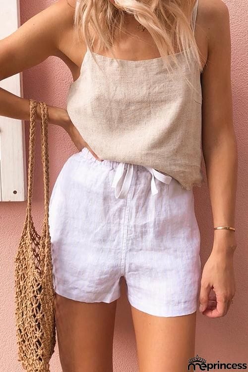 Pockets Drawstring Linen Shorts