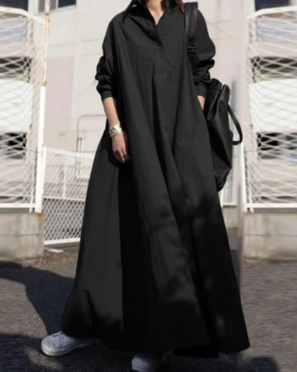 Solid Shirt Collar Loose Fit Big Hem Long Sleeve Maxi Dress