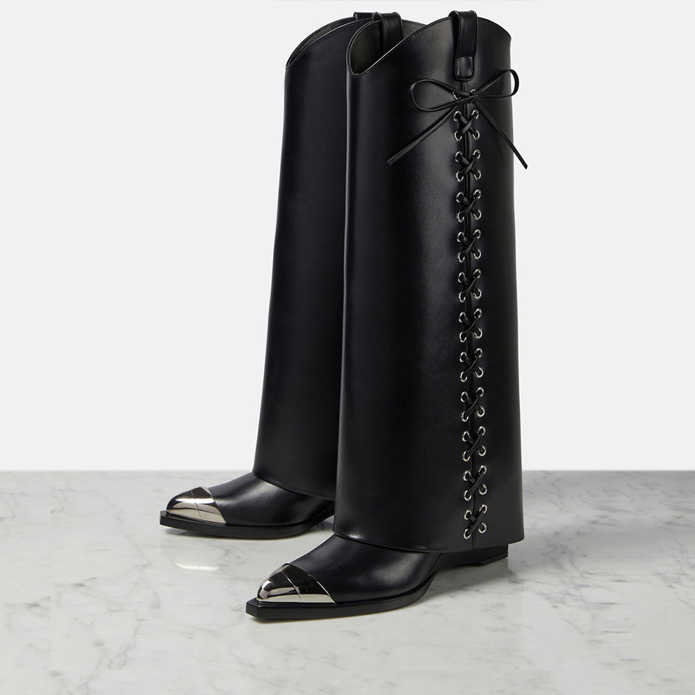 Black Metal Toe Cap Lace Up Decor Knee High Fold Over Boots