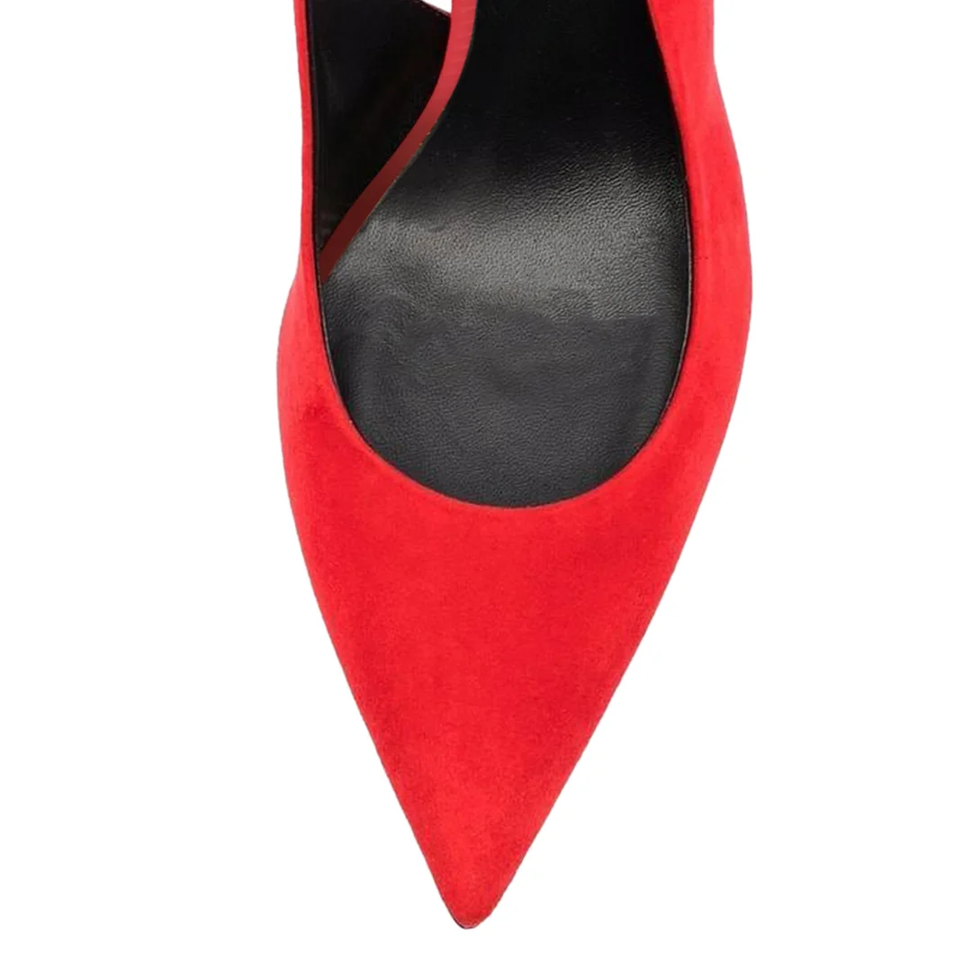 Red Faux Suede Pointed Rhinestone Embellished Slingback Pumps