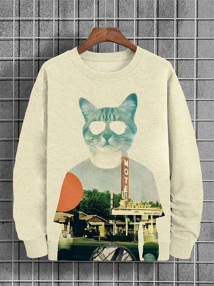 Men's Retro Western Inn Cat Print Casual Sweatshirt