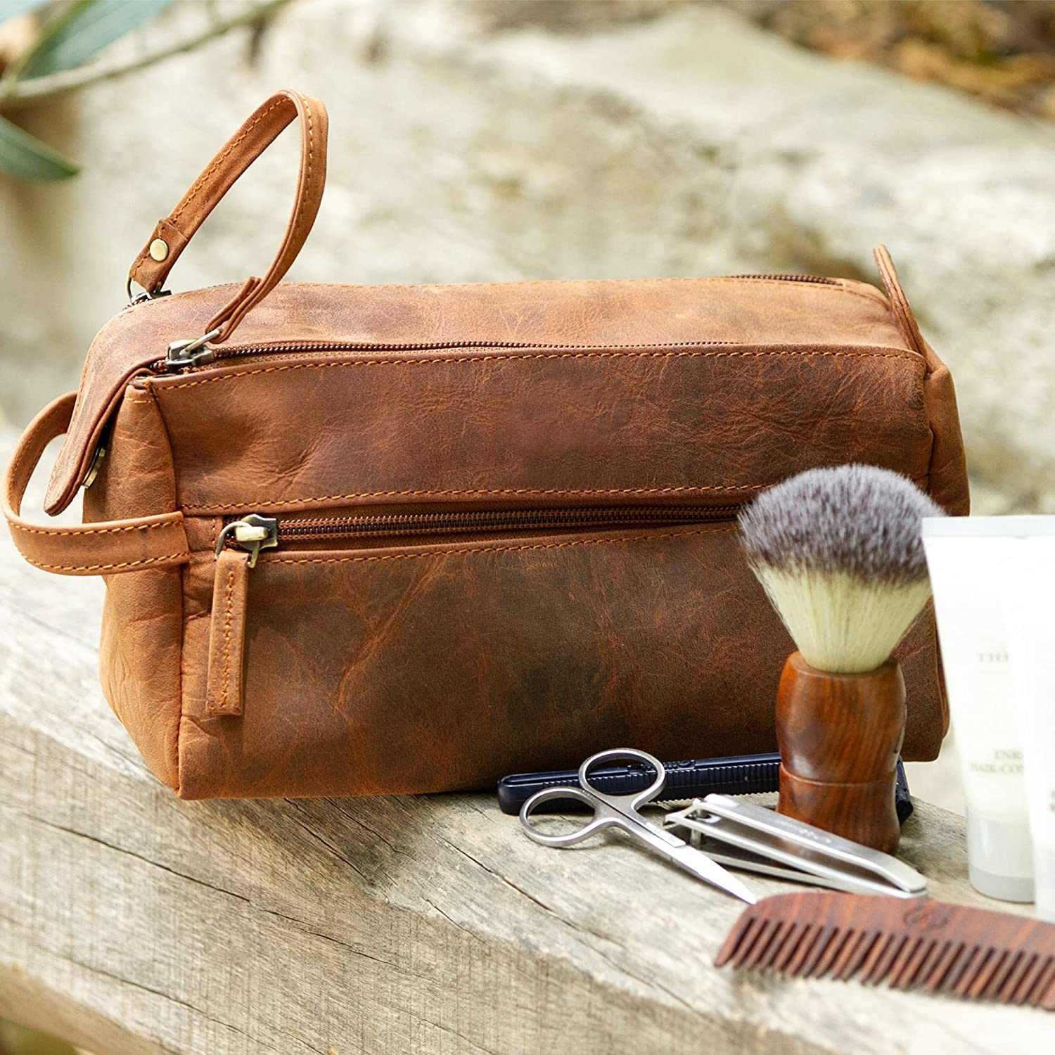 Genuine  Leather Unisex Toiletry Bag Travel Dopp Kit Made With High Class Buffalo Leather