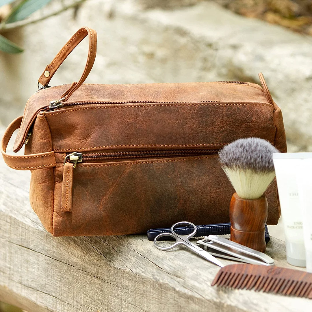 Genuine  Leather Unisex Toiletry Bag Travel Dopp Kit Made With High Class Buffalo Leather