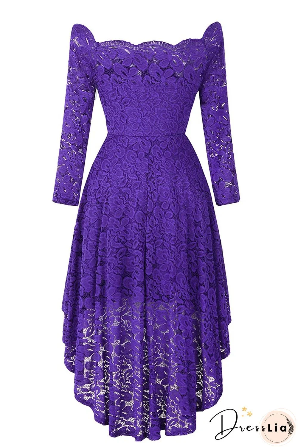 Purple Off-the-shoulder Scalloped High Low Prom Dress