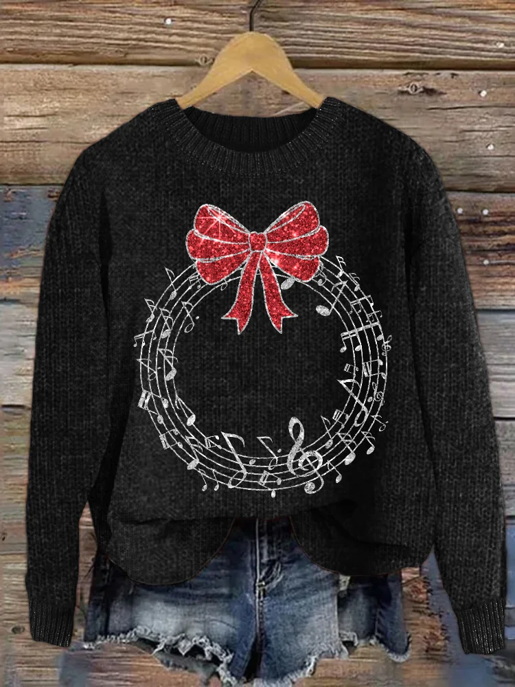 VChics Glitter Music Notes Christmas Ornament Cozy Knit Sweater