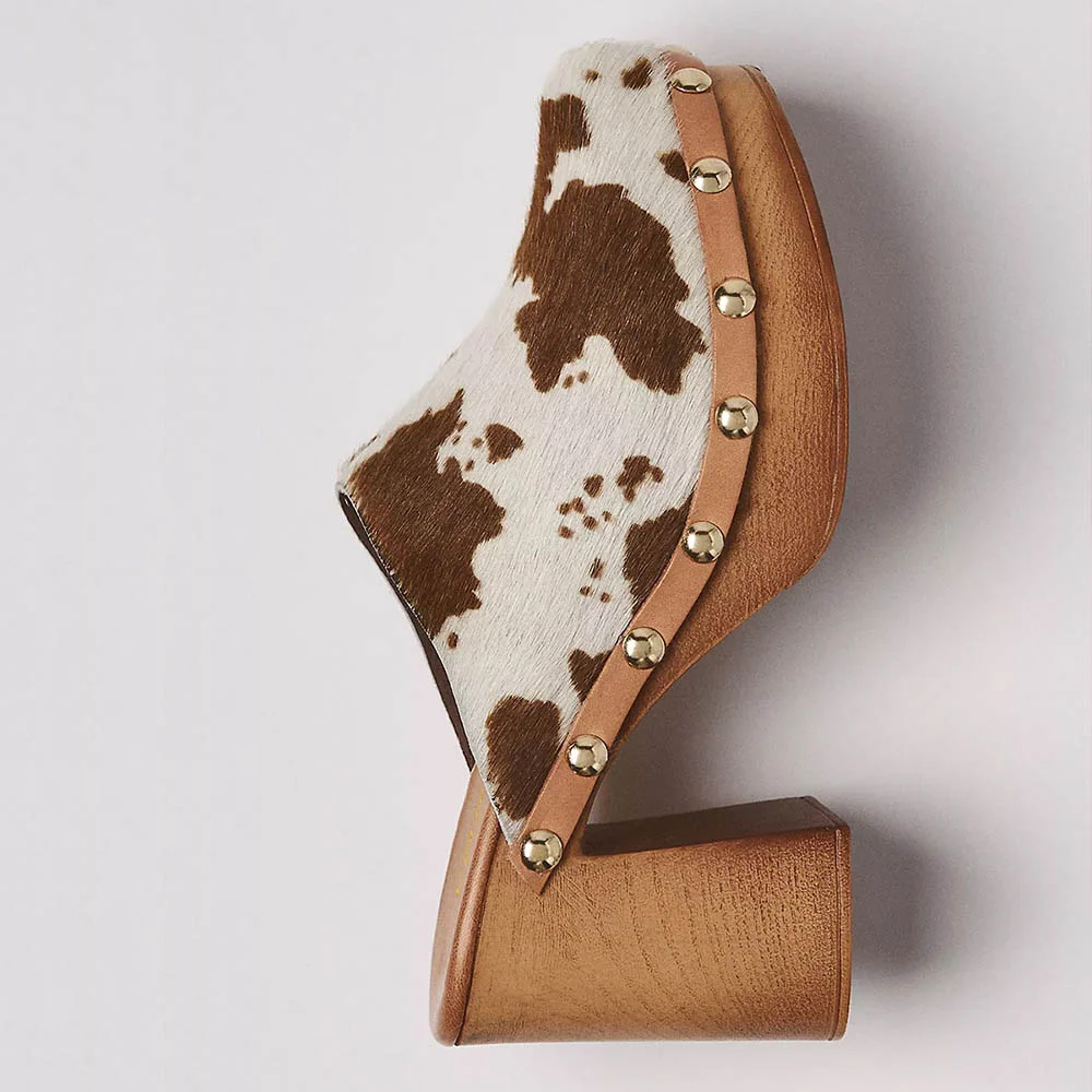 White & Brown Faux Fur Studded Platform Round Toe Heeled Clogs