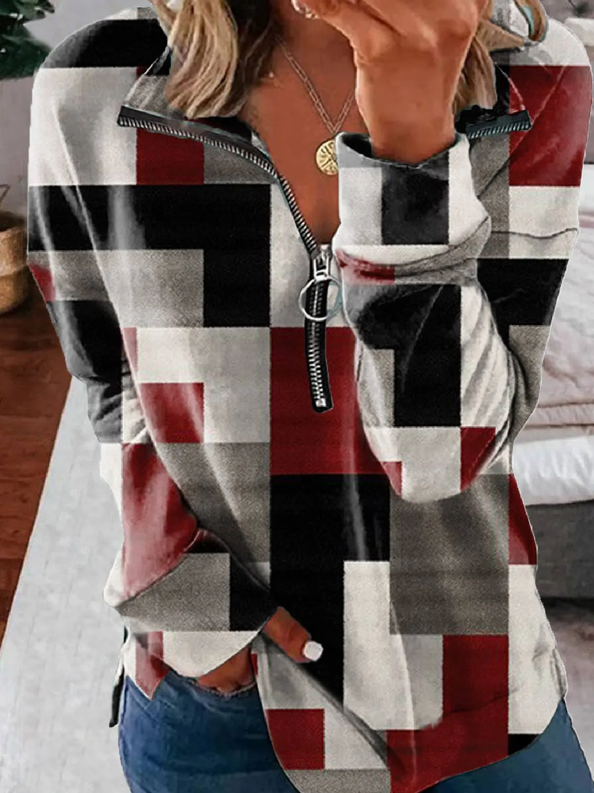 Casual Lapel Geometric Sweatshirts