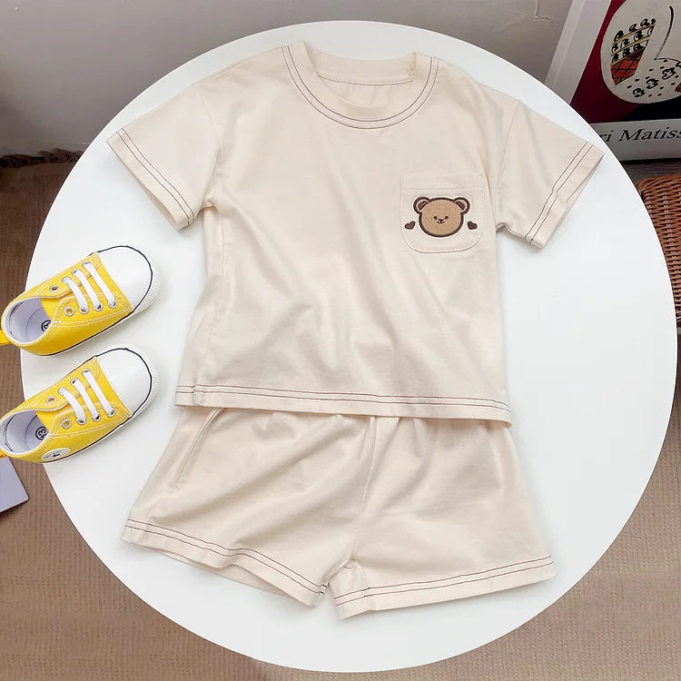 Baby Toddler Boy/Girl Embroidered Bear Short Sleeve T-shirt and Shorts Set