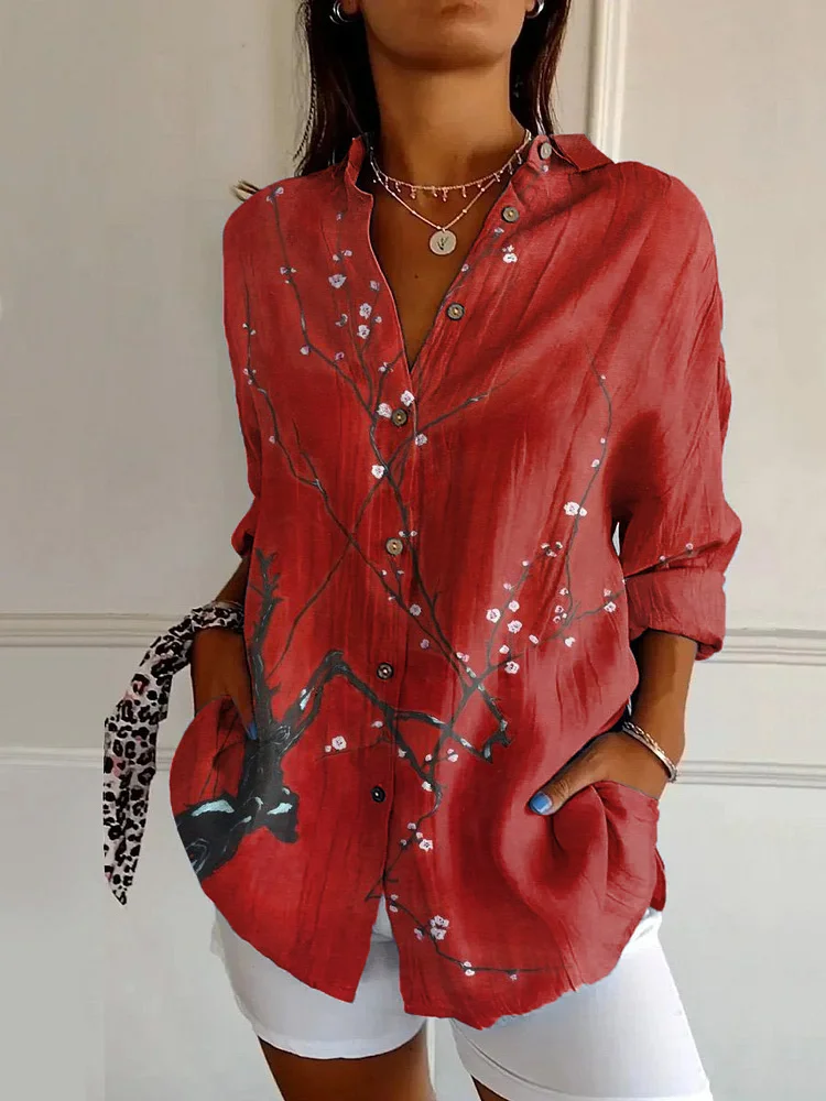 Vintage Red Floral Art Print Long Sleeve Shirt