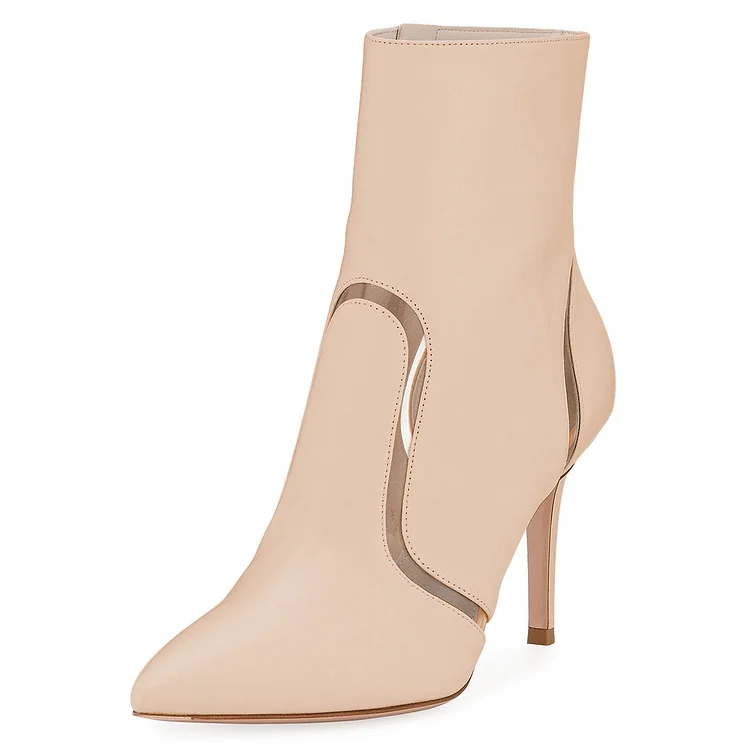Nude Booties Pointed Toe Stiletto Heel Clear Curve Ankle Boots |FSJ Shoes