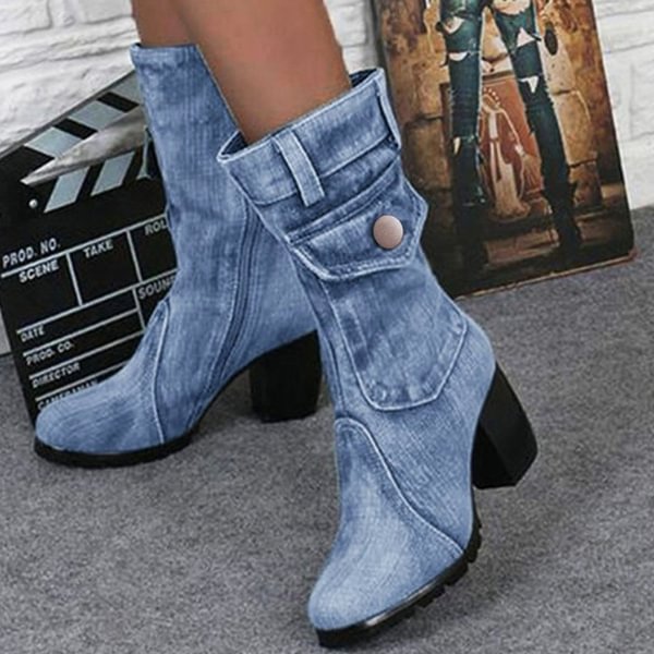 Lady Mid Calf Boots Chunky High Heel Boots Winter Women Jeans Boots Soild Color Plus Size 35-43 - Shop Trendy Women's Clothing | LoverChic