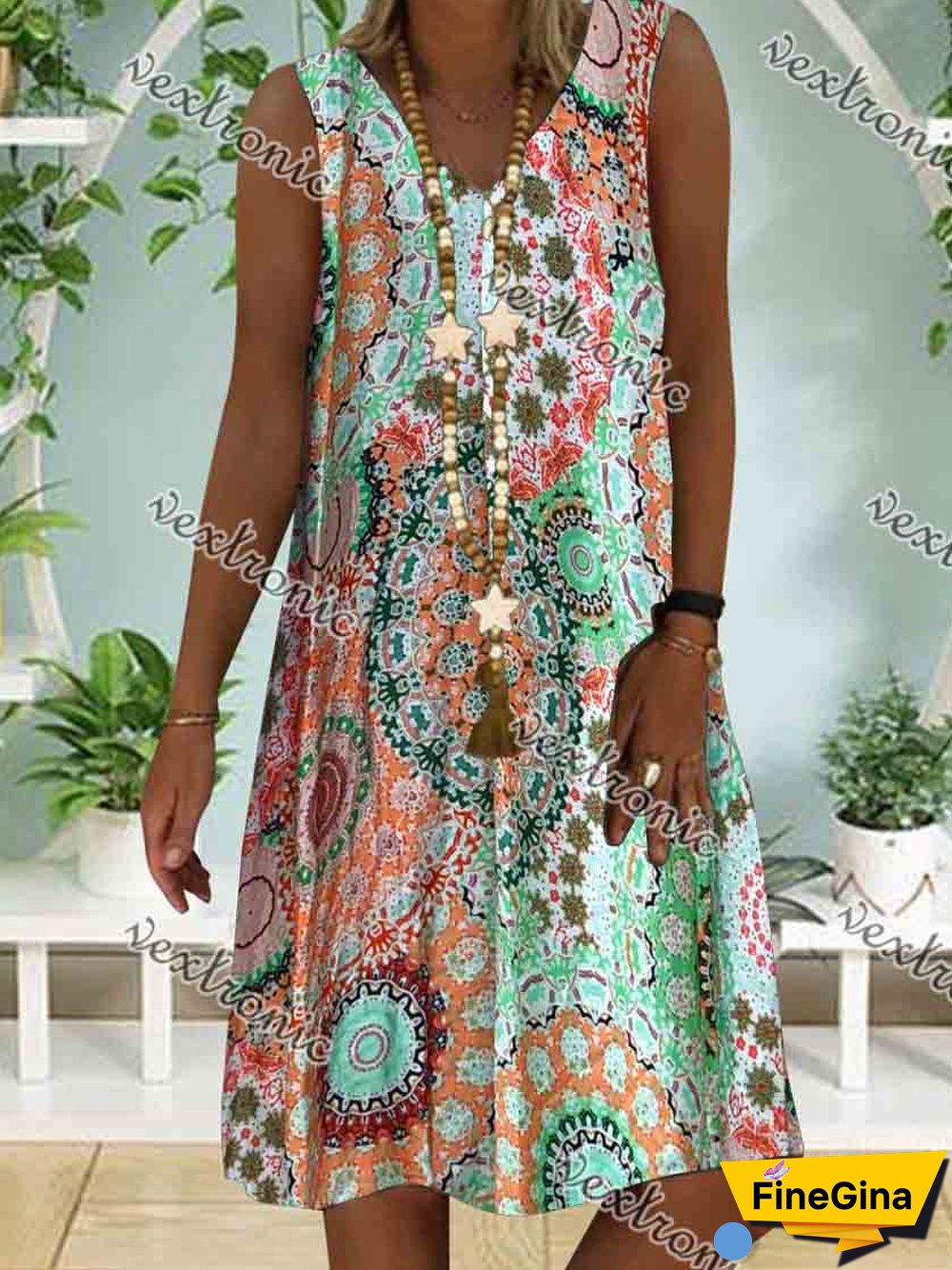 Women Casual Sleeveless V-neck Floral Printed Midi Dress