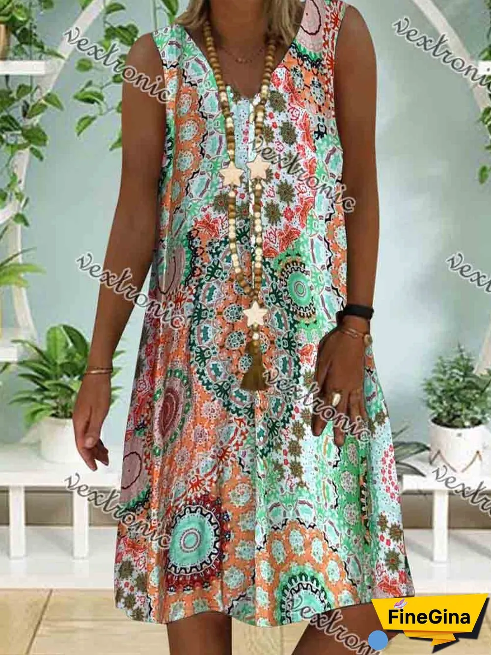 Women Casual Sleeveless V-neck Floral Printed Midi Dress