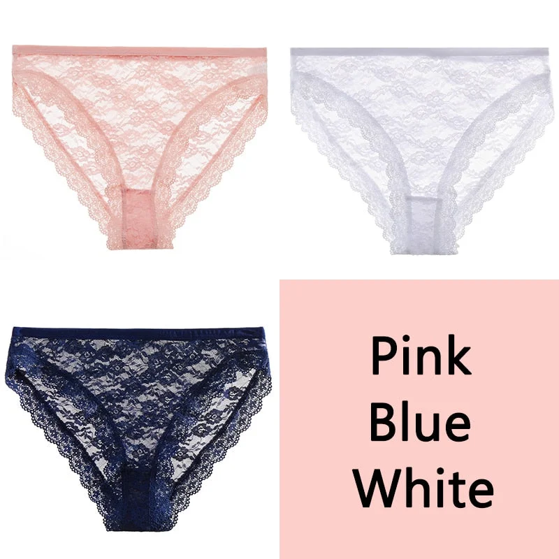FINETOO Full Lace Briefs Panties Sexy Women Underwear M-2XL Low Waist Underpants Transparent Floral Panty Ladies Lingerie 3Pcs