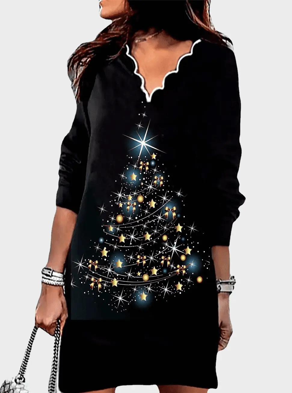  thdmladies Christmas Tree Print Casual Long-sleeved Dress thedmladies