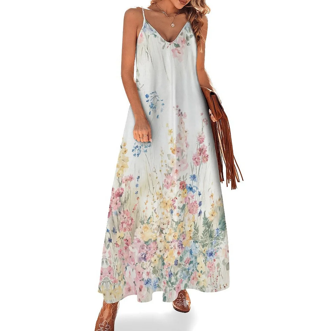 Style & Comfort for Mature Women Plus Size Printed Sling Casual Women Maxi Dress in Pattern Floral, Blue, Pink, Colorful